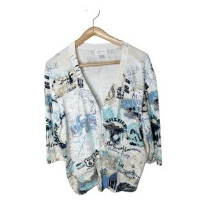 CJ Banks Cardigan Sweater Size 3X Road Trip Print Sequins Yellowstone Navy Pier